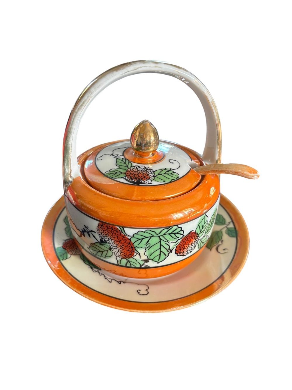 VTG Orange Peach Lusterware Jam/Jelly Jar W/Saucer Strawberry Design Japan
